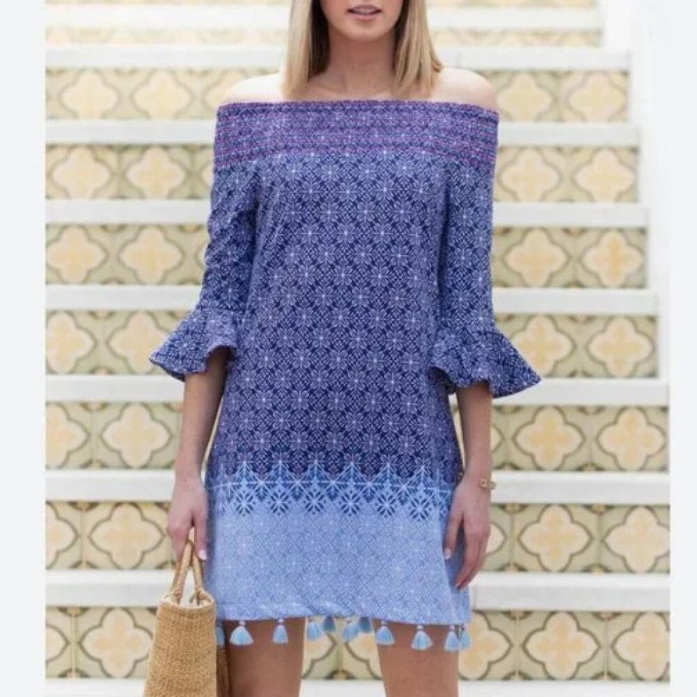 Cabana Life Off The Shoulder Smocked Blue Dress West Indies Blue Tassels Small